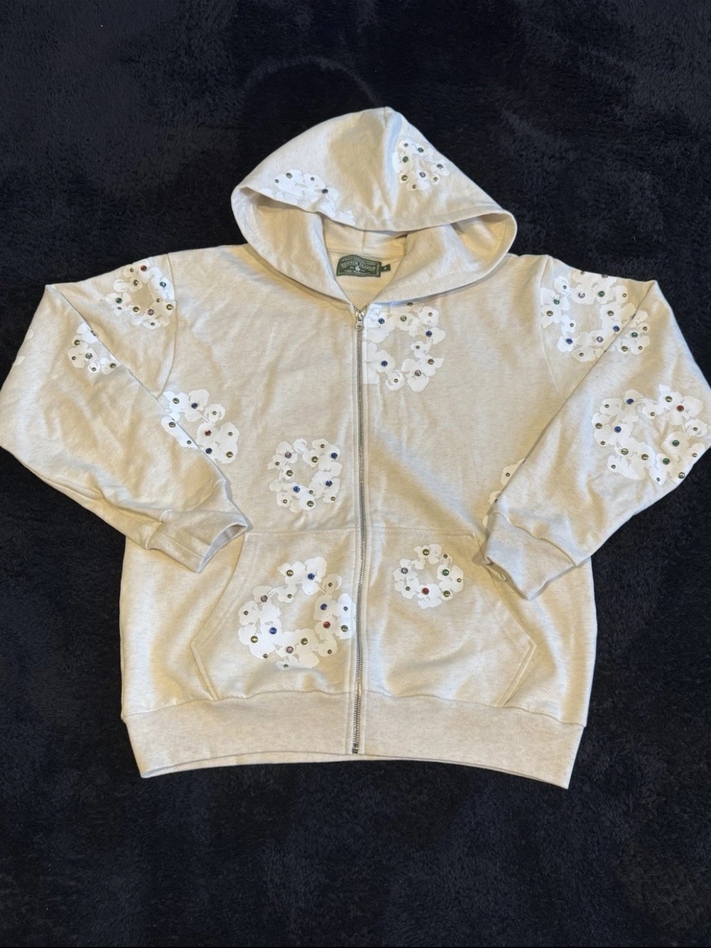 Denim Tears Zip Hoodie with Floral Sequin Appliqués - Cream